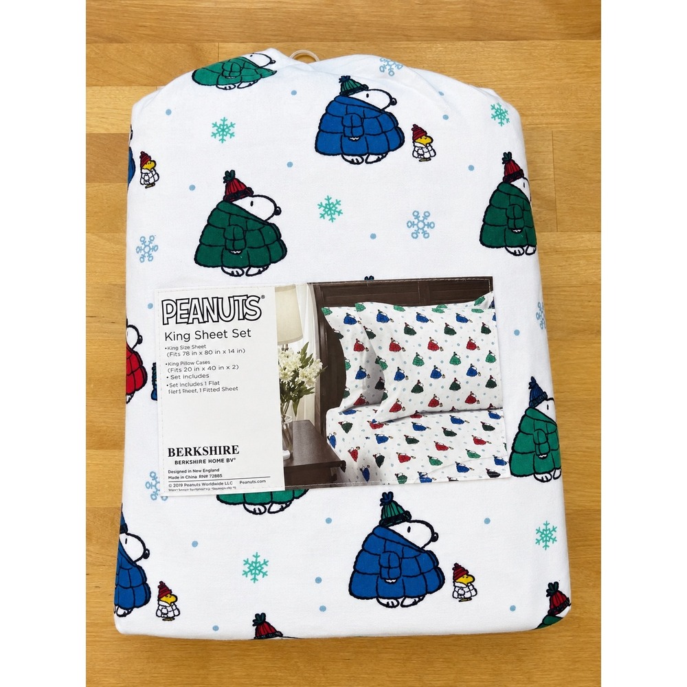 Peanuts Snoopy Woodstock Puffer Jacket King Sheet Set Berkshire Winter Snow NEW